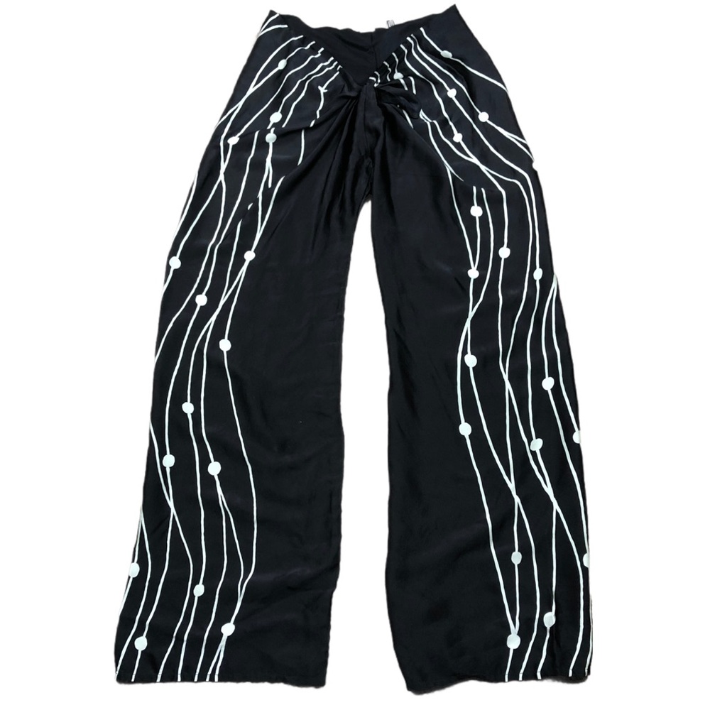 QUARZIA Silk Front Tie Lightweight Black White Pants Wide Leg Size Large Flowy